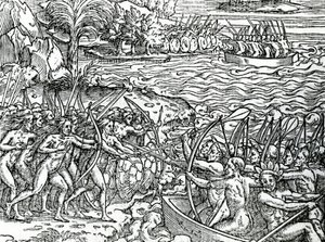 Krigsscene, Brasilien, illustration fra "Singularities of France Antarctique", af Andre de Thevet, 1558 af French School