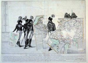 Revolutionskrige: General Napoleon Bonaparte (1769-1821) med et kort over Italien (på tidspunktet for den italienske kampagne) for at fuldende puslespillet om de områder, der er erobret af Frankrig. Til venstre sandsynligvis generalerne Hoche, Pichegru og  af French School