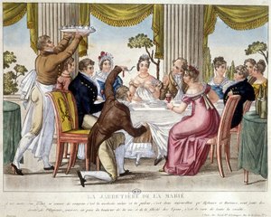 Bryllupsmåltid, strømpebåndsritual - ca. 1812. af French School