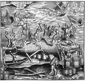 Hvalfiskeri på den franske kyst af Atlanterhavet i middelalderen. Gravering i "La Marine et les kolonier: handel" af French School