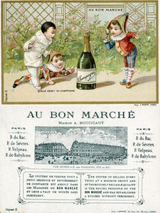 Hvilket held! en Flaske Champagne; for- og bagside af et salgsfremmende kort til Bon Marché-varehusene i Paris, ca. 1895 af French School