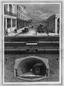 Hvad er under banegården i London (Storbritannien): Gasrør, vandrør, pneumatisk rør til affald, afløb, tunnel og jernbanelinje til storbyområder. Indgravering i "" La Nature. Revue des sciences et de ses applications aux arts et à l