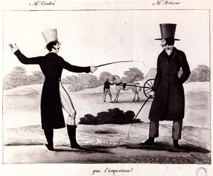 Hvem vinder? Scene fra duellen mellem M. Cintre og M. Bolivar, ca. 1820 af French School