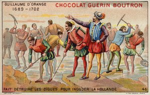 Vilhelm af Orange ødelægger diger for at tillade oversvømmelsen af Holland (chromolitho) af French School