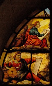 Vindue Charnier-2, der viser evangelisterne med værtens mirakel: St. Luke og St. John af French School