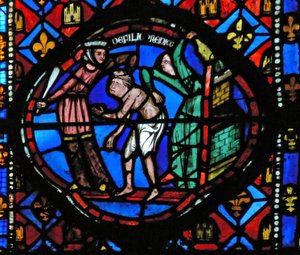 Window Ew-L skildrer en scene fra historien om den fortabte søn: han bliver smidt ud af coutesanerne af French School