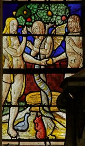 Vindue, der forestiller Adam og Eva og slangen (farvet glas) af French School