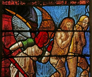 Vindue, der viser Adam og Eva, der bliver fordrevet fra Eden (farvet glas) af French School