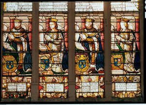 Vindue forestillende Francois de Bourbon (1539-92) Prins Dauphin, Rene dAnjou (1550-74) Duchesse de Montpensier, Henri de Bourbon (1573-1608) Duc de Montpensier og Catherine de Joyeuse, Duchesse de Guis af French School
