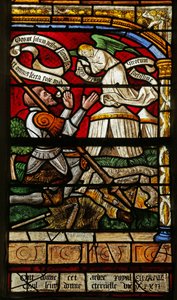 Vindue, der forestiller Gideon og det gyldne skind (farvet glas) af French School