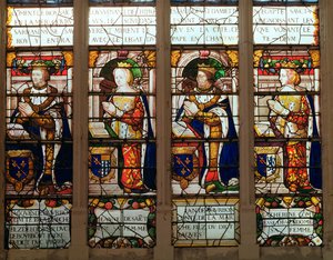 Vindue, der forestiller Jacques de Bourbon (1315-61) Comte de la Marche, Jeanne de Chatillon-Saint-Pol (d.1371) Jean I de Bourbon (1361-94) og Catherine, Comtesse de Vendome af French School