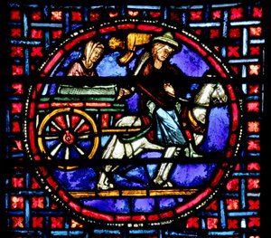 Vindue, der forestiller Julienne, der flytter relikvier af St. Stephen til Konstantinopel af French School