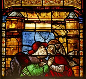Vindue, der viser Saint Anne og Joachim ved Golden Gate (farvet glas) af French School
