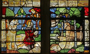 Vindue, der forestiller Sankt Hubert og Hjorten (farvet glas) af French School