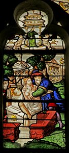 Vindue, der viser Suzanne, der bliver overgrebet, mens hun bader (farvet glas) af French School