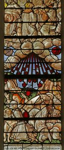 Vindue, der viser en scene fra Åbenbaringens Bog: Stjerner, der falder fra himlen (farvet glas) af French School