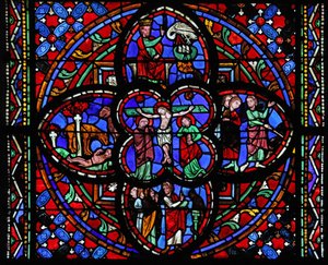 Vindue, der forestiller den tredje del af vinduet w0 med korsfæstelsen: også Moses slår på klippen ved Horeb; den skamløse slange; en løve genopliver sine unger; David og pelikanen af French School