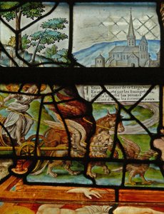 Vindue i Charnier (w.11), der viser en detalje fra Mystic Wine Press af French School