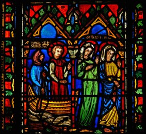 Vindue n1-C, der viser en scene fra Maria Magdalenas liv - hun ankommer til Marseille af French School