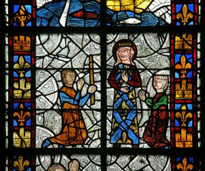 Vindue n1, der viser Saint Radegonde: En kur ved helgengraven; fra gigt? (Sandsynligvis ikke den traditionelle Godas-kur) af French School