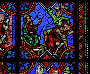 Vindue w06, der viser historien om St. Julian af Brioude - St. Ferreol, en ven af Julien, som døde under Diocletians forfølgelser, bliver fanget og tævet af French School