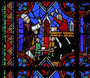 Vindue w06, der viser opførelsen af en kirke af French School