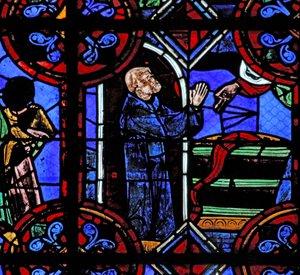 Vindue w06, der viser miraklet med den fulde vintønde ved grundlæggelsen af St. Juliens kloster af French School
