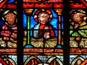 Vindue w0, der viser en opstandelsesscene: nadveren i Emmaus af French School