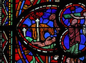 Vindue w0, der forestiller en løve, genopliver sine unger af French School