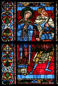 Vindue w0 forestillende Jomfru Maria og centurion Longinius af French School