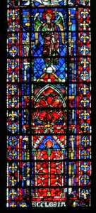 Vindue w100, der forestiller kirkens katedral i Reims af French School