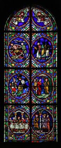 Vindue w.102, der viser scener fra livet i St. Pantaléon af French School