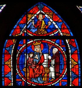 Vindue w109, der viser donoren, knæler foran jomfruen og barnet: Kristus i herlighed af French School