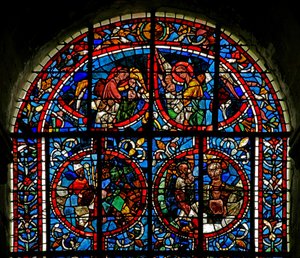 Vindue w12-L, der viser engle, bærer sjæle til paradis; fragmentarisk panel - en biskop? Abrahams skød af French School