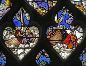 Vindue w12 viser Jesus, der går på vandet med Peter af French School