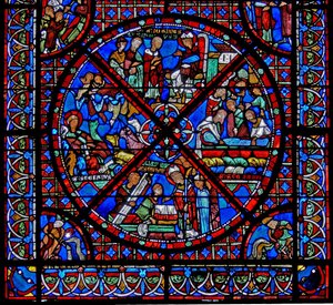 Vindue w15, der viser historien om St. Stephens relikvier: den nederste del af vinduet af French School