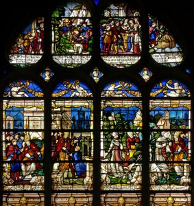 Vindue w19, der viser scener fra St Fiacres liv af French School