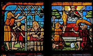 Vindue w1 viser Adam, der bygger et hus, og Eva opdrager deres børn; Kain og Abel bringer deres ofre til Herren af French School