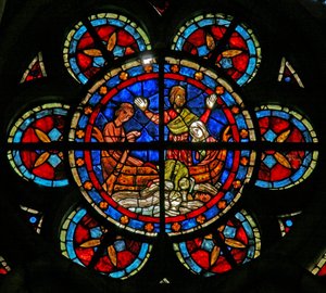 Vindue w205, der viser en scene fra en legende om St. Nicholas: drengens mirakel og koppen af French School