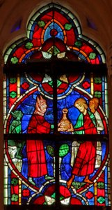 Vindue w209, der viser en scene fra en legende om St. Nicholas: en djævel giver rejsende en væske af French School