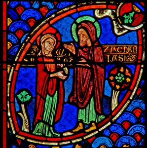 Vindue w20 viser Zacharias og Elizabeth, forældrene til Johannes Døberen af French School