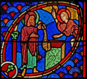Vindue w20, der forestiller Zacharias, faderen til Johannes Døberen, får besøg af en engel i templet af French School