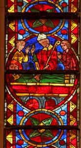 Vindue w213, der skildrer scener fra St. Stephens liv og historien om hans relikvier: han er begravet af Gamaliel og Nikodemus af French School