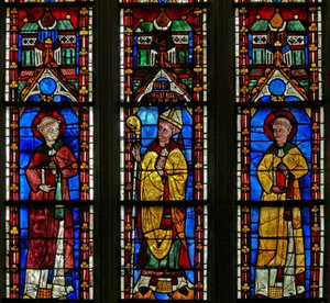 Vindue w21, der viser St. Sylvester med donoren Jean de Bernieres; St Protais af French School