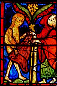 Vindue w21, der forestiller Zosimus, giver St. Mary den egyptiske sin kappe af French School