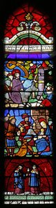 Vindue w22, der viser indtoget til Jerusalem; Tilbedelse af Magi; Ss Cosmos og Damian af French School