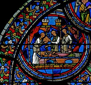 Vindue w23, der viser begravelsen af St. Thomas Becket af French School