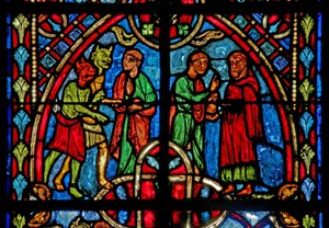 Vindue w2, der viser en scene fra Theophilus-historien (moderne) af French School