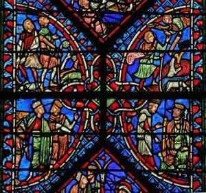Vindue w2 viser magi med Herodes; Bebudelse til hyrderne af French School
