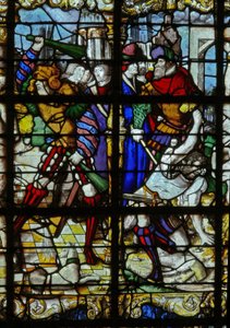 Vindue w37, der viser scener fra St Barbaras liv af French School